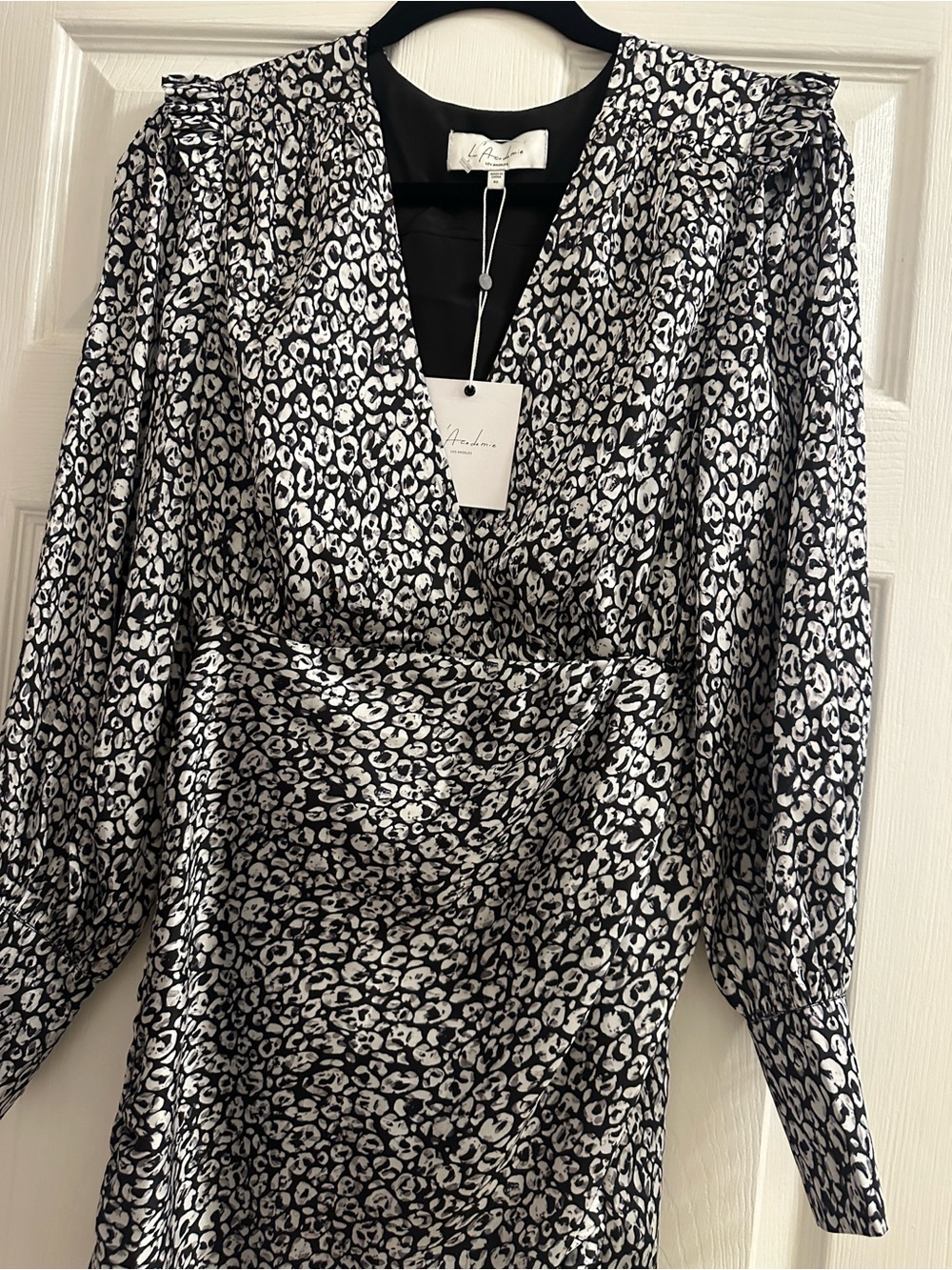 L'Academie Black & White Leopard-Print Long-Sleeve Wrap-Style Dress